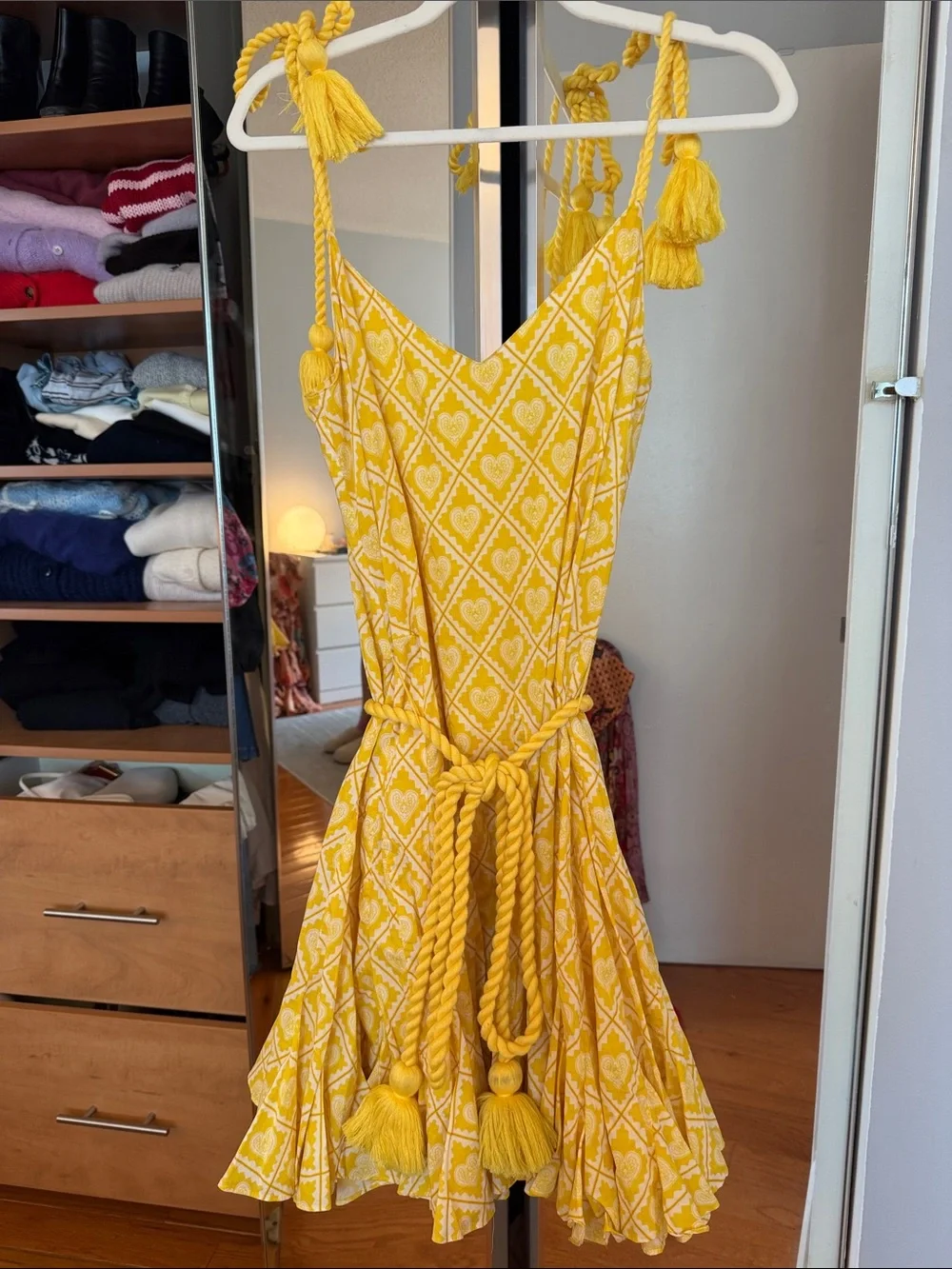 RHODE Yellow Printed Tie-Shoulder Sundress with Tassel Belt